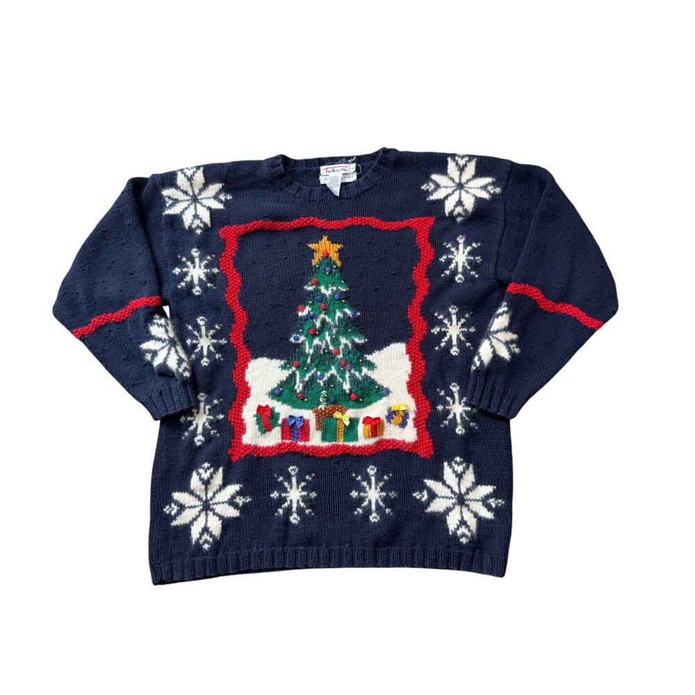 Talbots Womens Christmas Tree Snowflake Crew Neck Sweater Navy Cotton Size Large